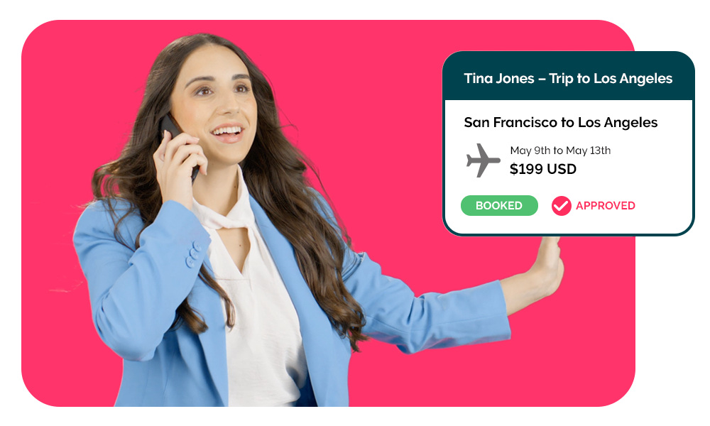 woman in blue suit on pink background with business travel fares